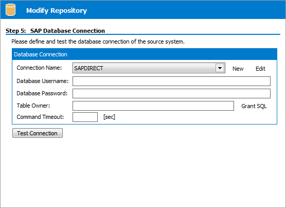 Repository Wizard – Step 5 – SAP Database Connection